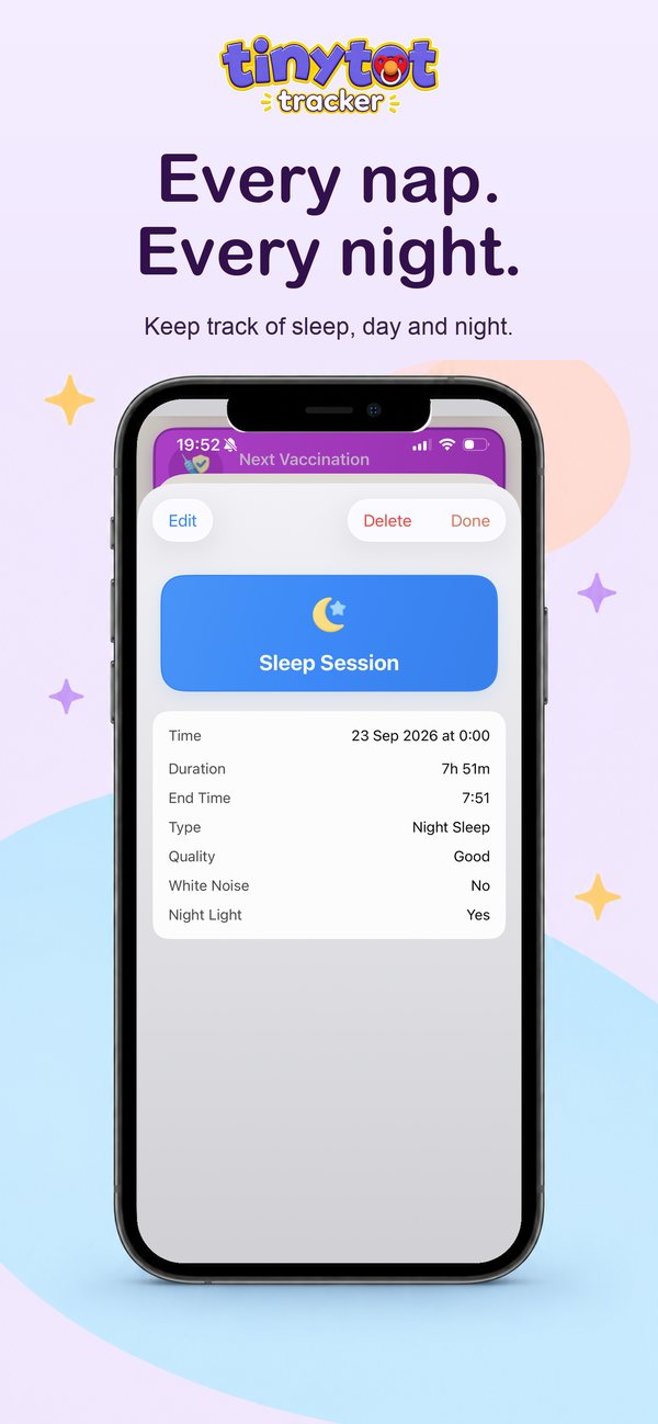 Sleep session diary entry showing duration, type and quality